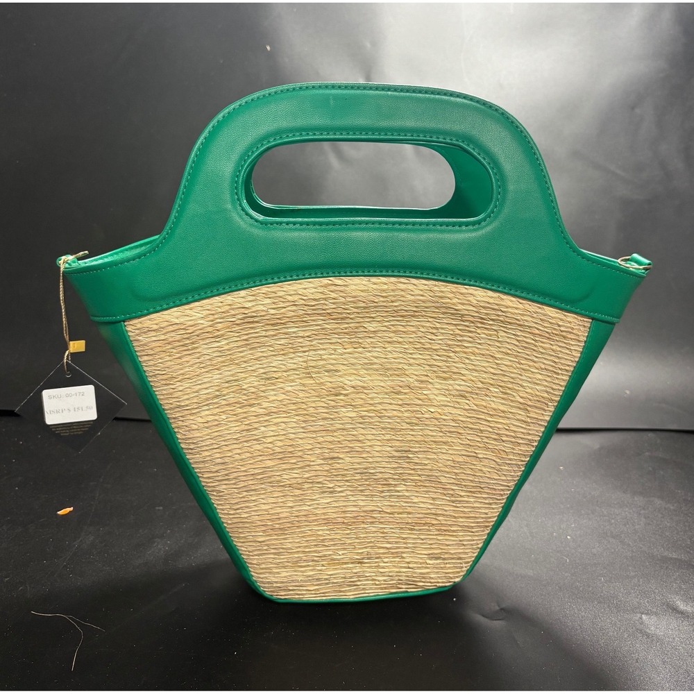 By Del Rio Green Vegan Leather‎ and Woven Straw Fan Tote Bag NEW